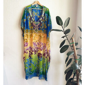 Lucky & CoCo Beaded Sheer Maxi Kaftan XL Colorful Artsy Hippie Boho Beach Kimono